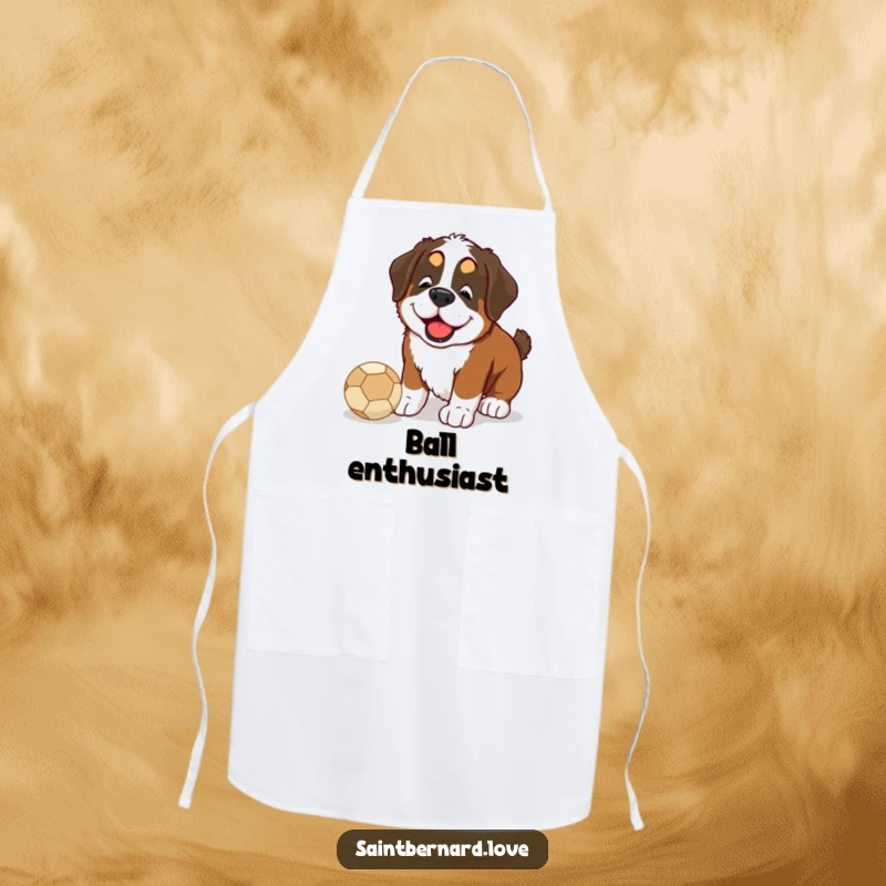 Funny Saint Bernard apron illustration of a dog happily nudging a ball with its nose, great for cooking time.