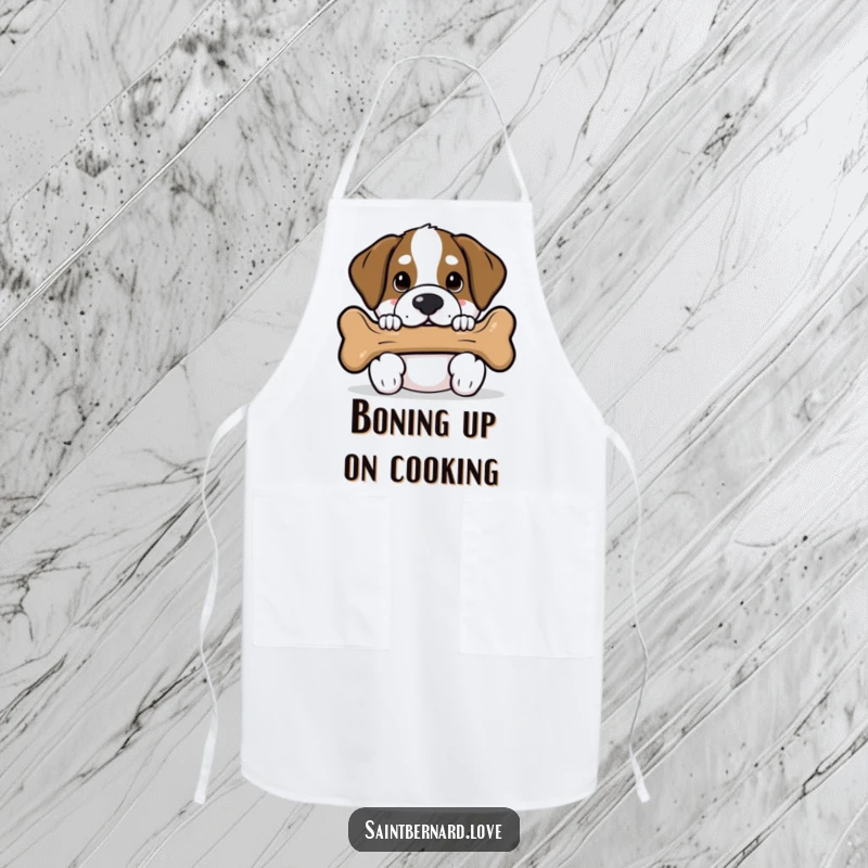 Funny Saint Bernard apron with a kawaii dog peeking playfully from behind a dog bone, ready to assist in the kitchen with a smile.