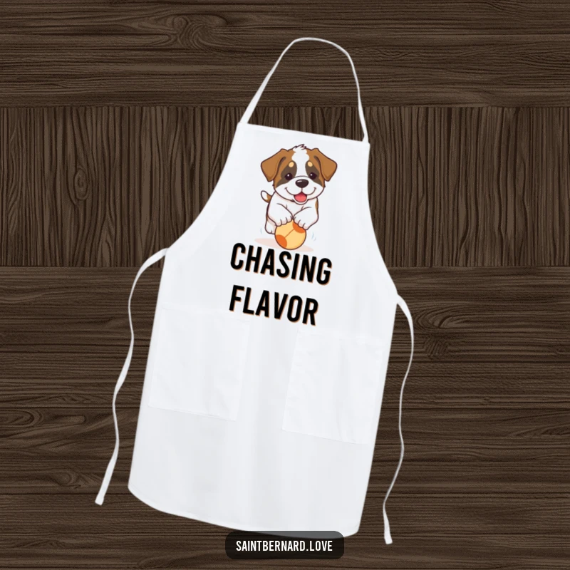 Funny Saint Bernard Puppy Apron: A kitchen apron featuring a Saint Bernard puppy with floppy ears, playfully chasing a ball, ready for messes.