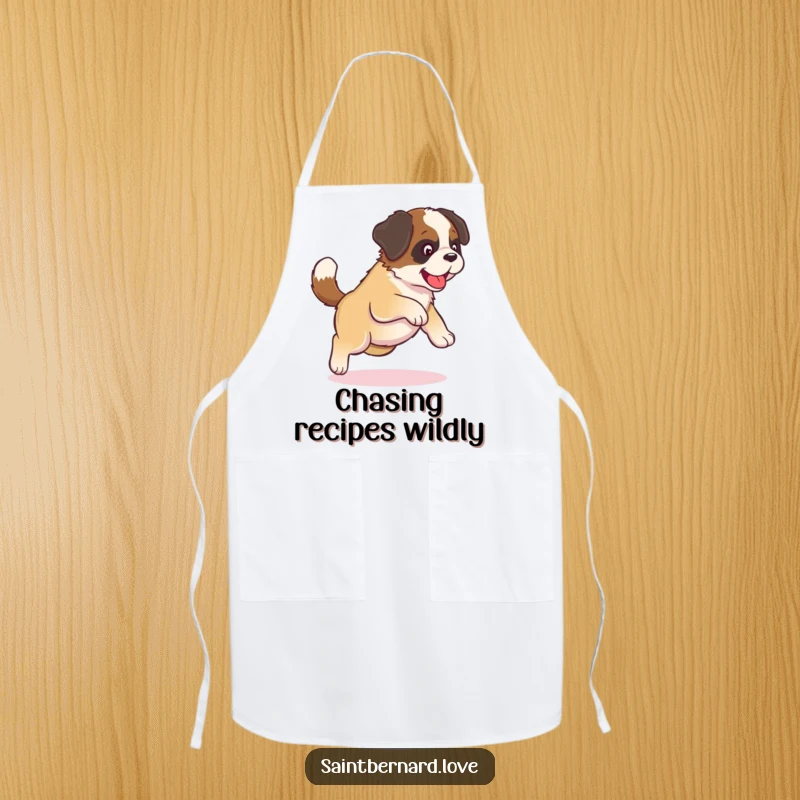 Funny Kawaii Saint Bernard Apron: A kawaii puppy chases its tail in a funny, playful circle, adding puppy charm to your kitchen.