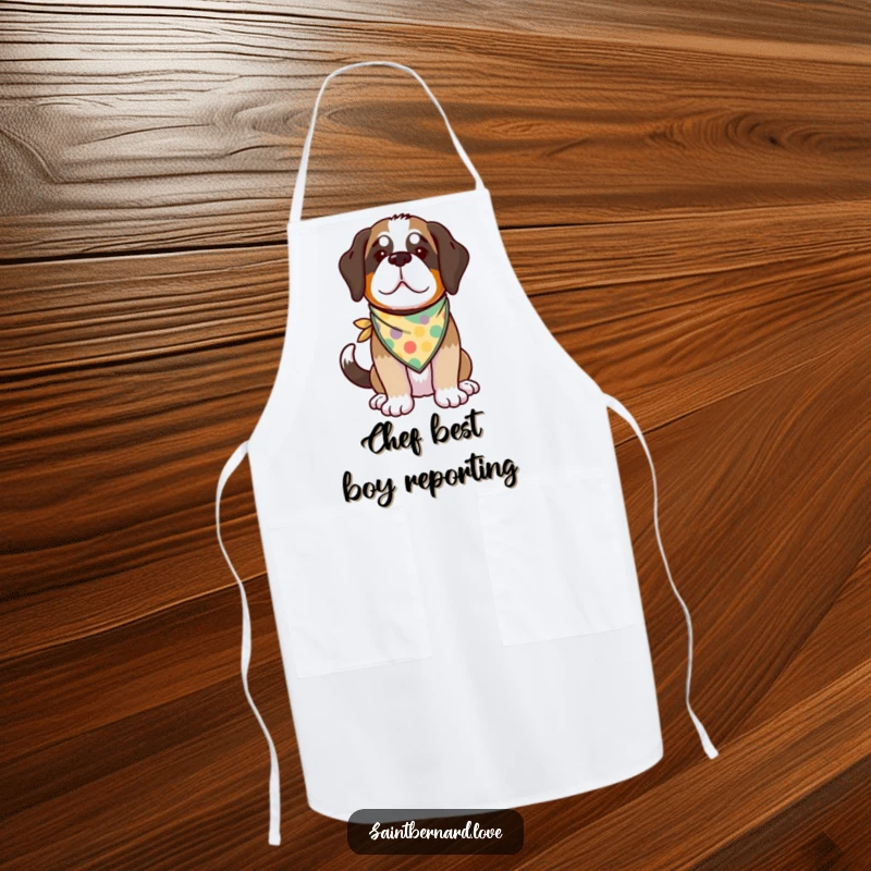 Funny Kawaii Saint Bernard Apron showing a cheerful dog with a wagging tail, wearing a bandana, ready for kitchen duty.