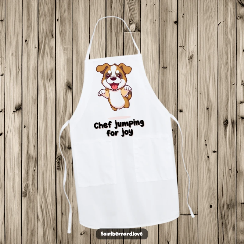 Funny Kawaii Saint Bernard Apron designed for cooks, showing a dog with floppy ears doing a happy jump.