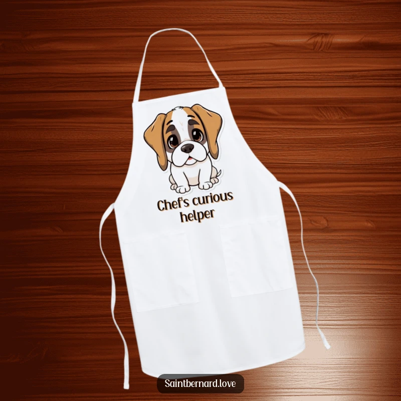 Funny Kawaii Saint Bernard Apron: A cute dog with ears perked in curiosity, perfect for kitchen fun. A great funny gift.