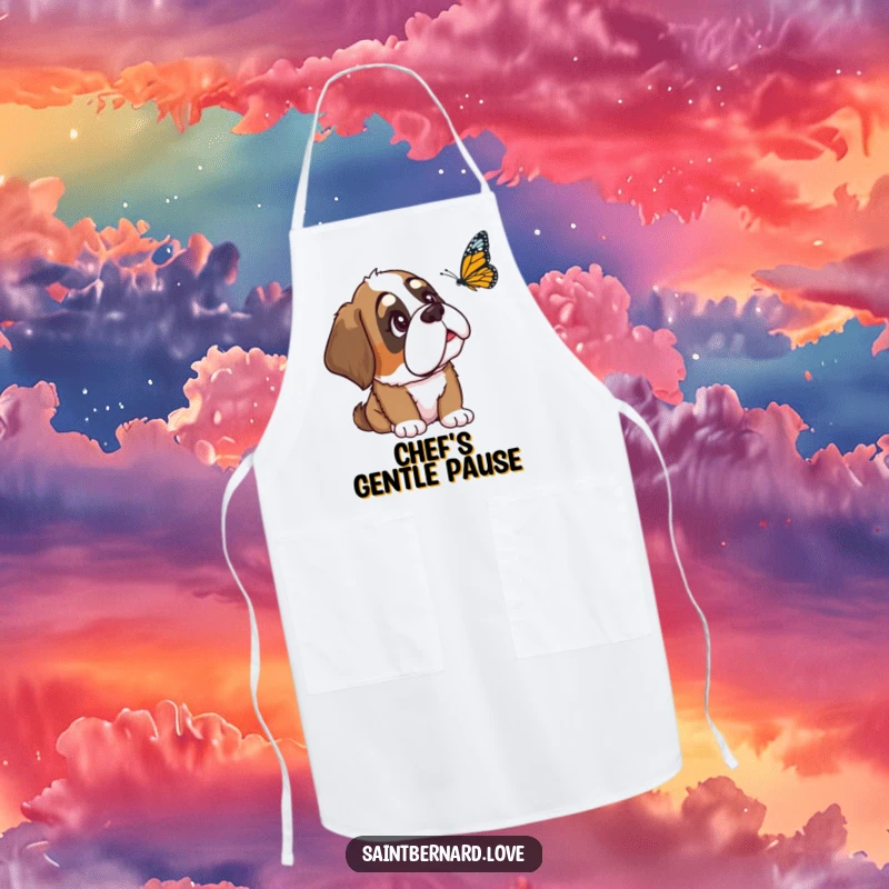 Funny Saint Bernard apron showing a loyal dog with one ear down, curiously watching a butterfly, ideal for kitchen activities with a gentle touch.