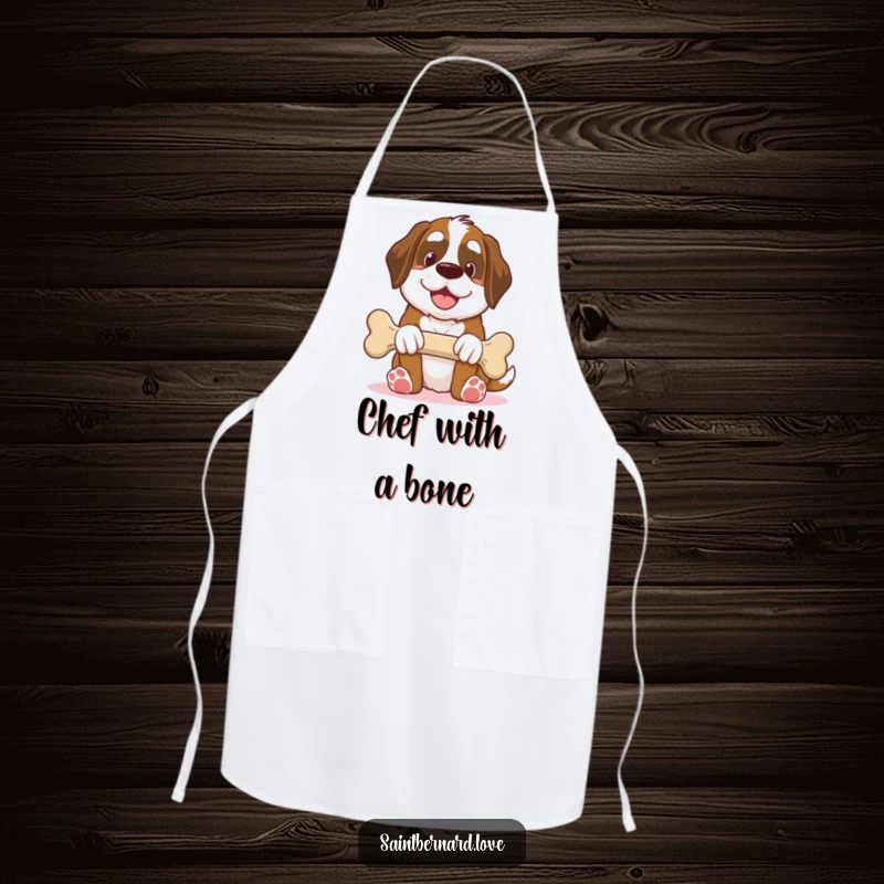 Funny Saint Bernard apron, kawaii dog offering giant bone with smile, generous humorous kitchen wear, durable, perfect funny gift for cooks.