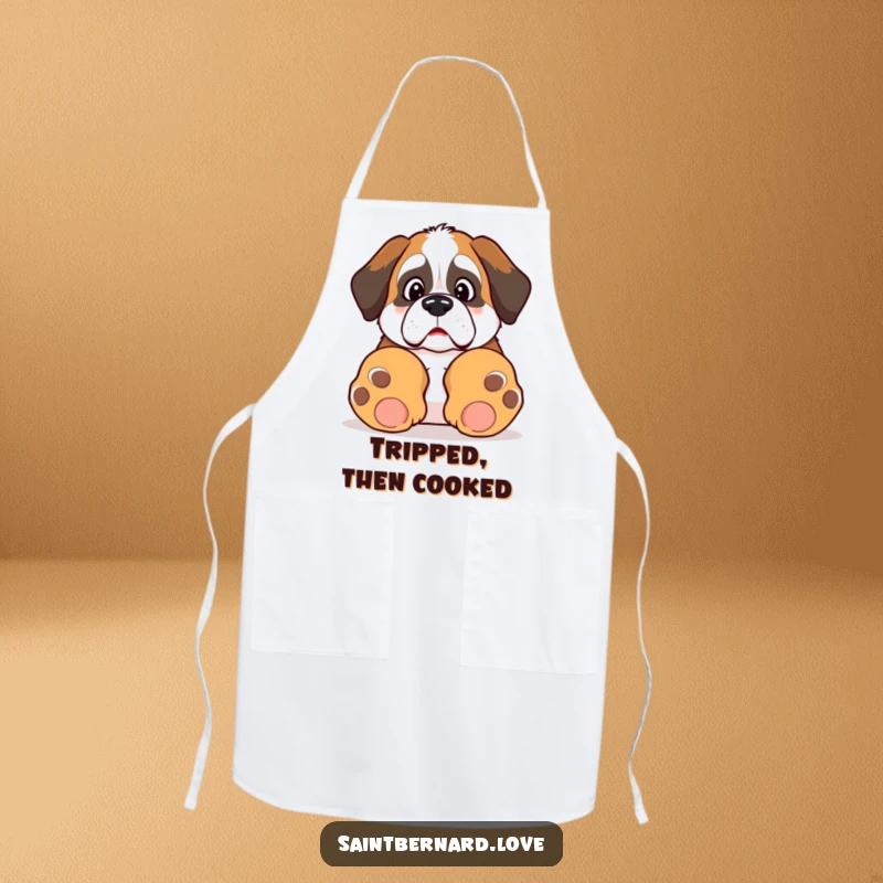 Funny Kawaii Saint Bernard apron, great for cooking, showing a surprised dog tripping over its paws, adding humor to the kitchen.