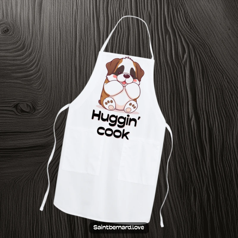 Funny Kawaii Saint Bernard Apron: A cute Saint Bernard is depicted giving a big bear hug with its paws, adding a funny, loving touch to kitchen wear.