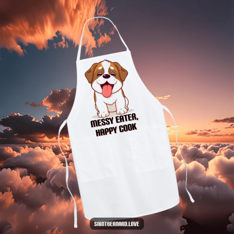 Funny Kawaii Saint Bernard apron, a cute dog with its tongue out while panting, perfect for kitchen humor.