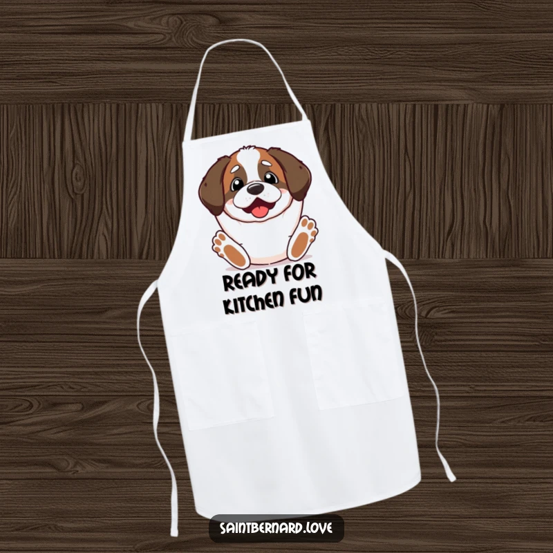 Funny Kawaii Saint Bernard Apron designed for cooks, showing a dog with paws stretched upwards, looking excited.