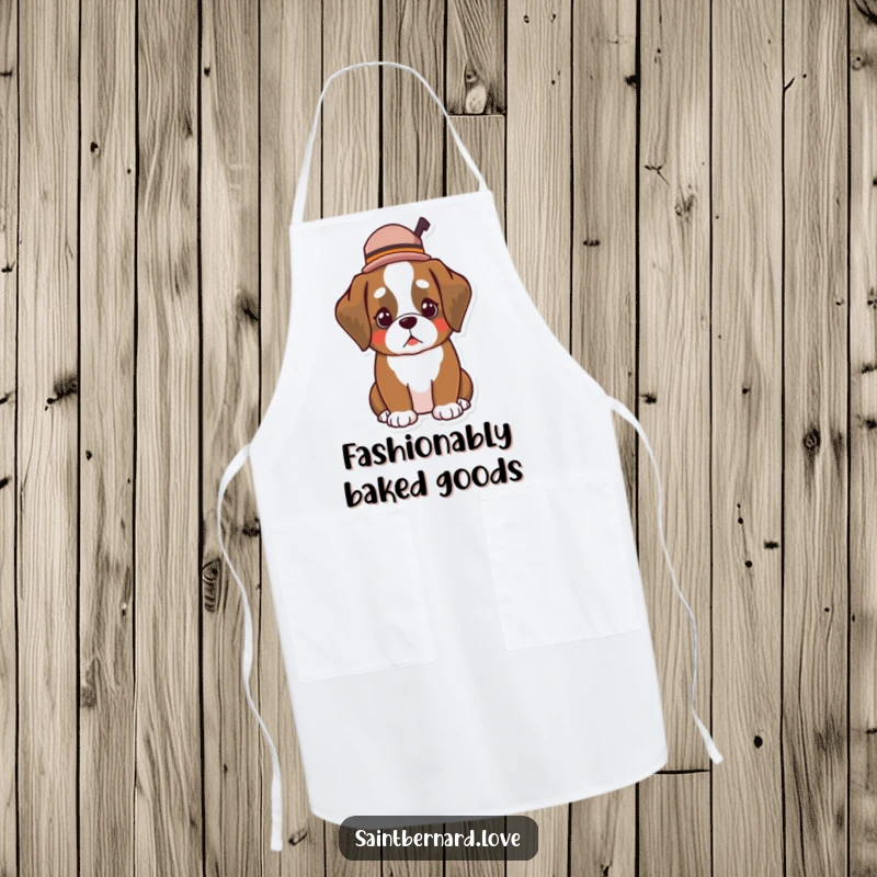 Funny Kawaii Saint Bernard apron, perfect for cooking, with a dog wearing a small, jaunty hat, adding stylish humor.