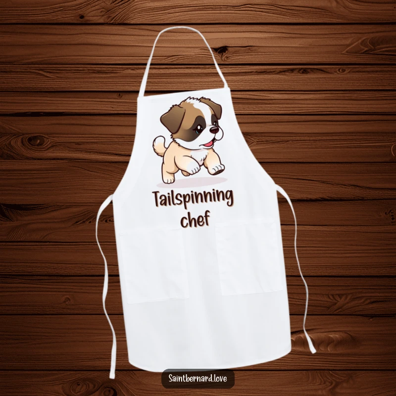 Funny Kawaii Saint Bernard Puppy Apron: Puppy chases tail with glee, functional funny gift.