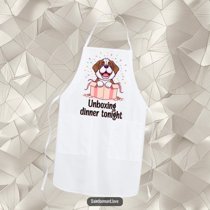 Funny apron showcasing a Saint Bernard character dramatically bursting from a gift box with confetti, ideal for surprise parties.