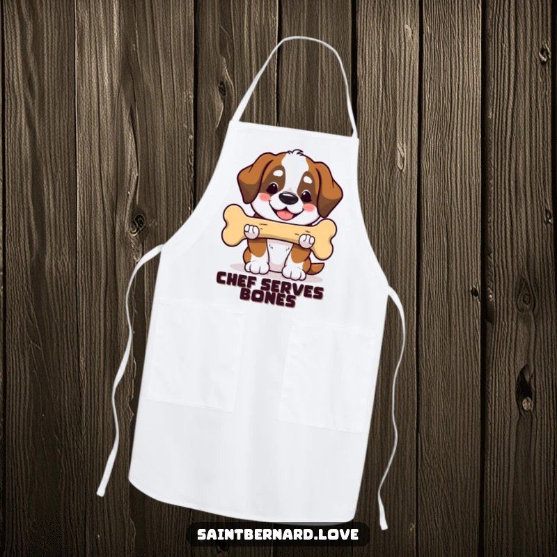 Funny Saint Bernard apron showing a smiling Kawaii dog offering a huge bone, perfect for kitchen kindness. A humorous cooking item.