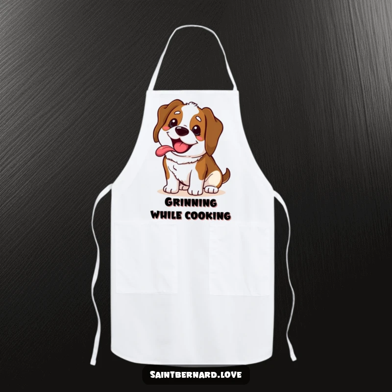 Funny Saint Bernard apron with a kawaii dog sporting a wide, happy, panting grin, ready to assist in the kitchen with cheer.