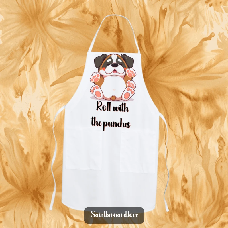 Funny Saint Bernard apron featuring a kawaii dog rolling happily, paws up, ready to help in the kitchen with a side of laughter.
