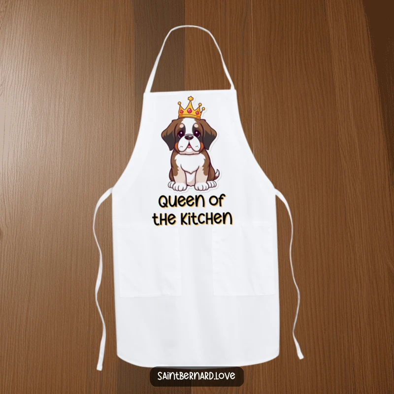Funny Saint Bernard apron, kawaii dog wearing crown sitting proudly, royal humorous kitchen wear, durable fabric, perfect funny gift for cooks.