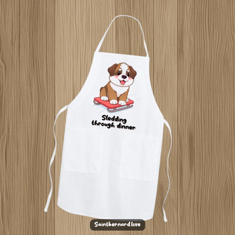 Funny Apron showcasing a fluffy Saint Bernard pup with rosy cheeks, sledding down a snowy hill, adding a humorous touch to cooking.