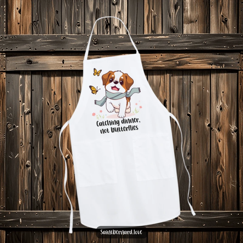 Funny Saint Bernard apron, a dog in a scarf chasing a butterfly, humorous kitchen accessory.