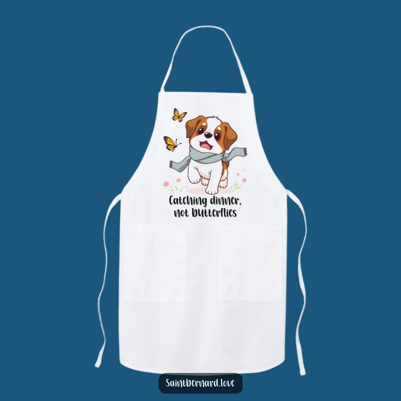 Funny Saint Bernard Butterfly Chase Apron: Cook with Playful Pup Humor