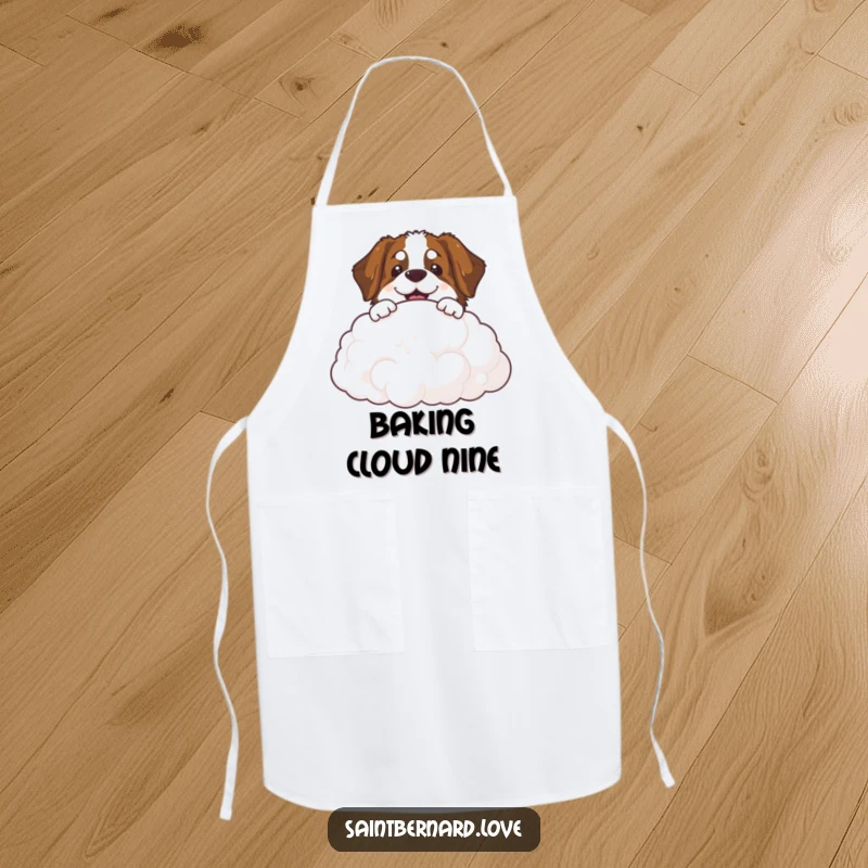 Funny Saint Bernard cloud apron showing a smiling dog peeking over a fluffy cloud, ideal for kitchen use.