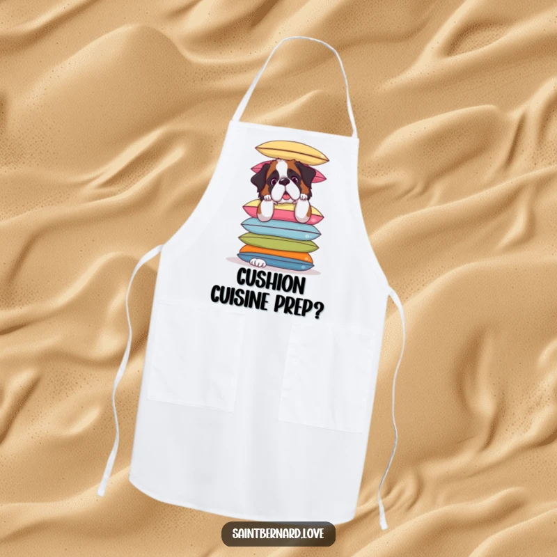 Funny Saint Bernard Apron: Kitchen apron with a Saint Bernard hilariously balancing cushions, a humorous and functional cooking accessory.