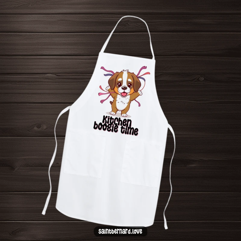 Funny Saint Bernard apron showing a dog dancing with streamers, perfect for adding humorous party spirit to cooking and baking.
