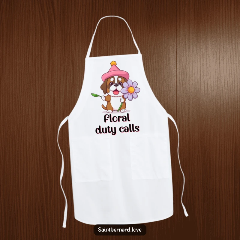 Funny Saint Bernard apron showing a dog in a silly hat offering a giant flower, perfect for adding humor to cooking and baking.
