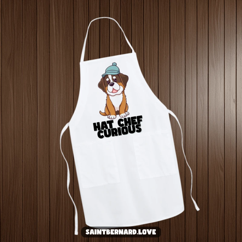 Funny Saint Bernard Hat Apron showing a dog in a hat tilting its head curiously, adding a humorous flair to kitchen tasks.