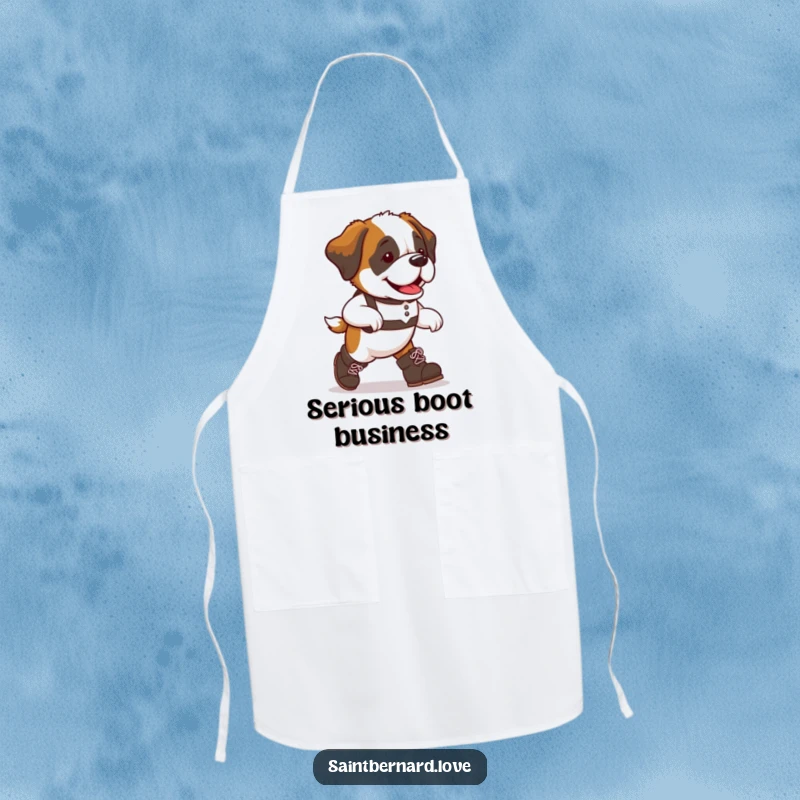 Funny Saint Bernard dog apron, oversized boots, marching with culinary determination, a humorous kitchen accessory for dog lovers who enjoy cooking.