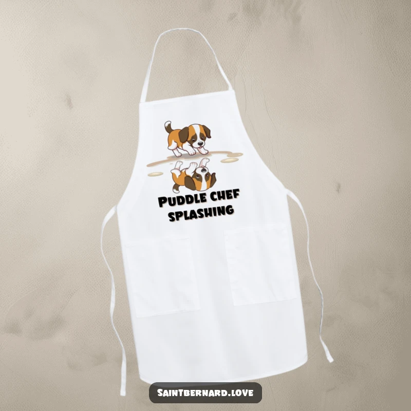 Funny Saint Bernard Puddle Apron showing a dog with a wagging tail, happily chasing its reflection in a puddle while cooking.