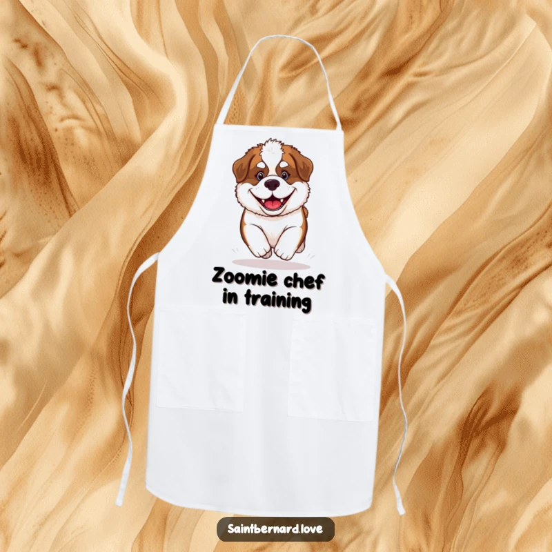 Funny Saint Bernard Puppy Apron showing a happy, grinning dog ready to assist in the kitchen, adding humor to cooking tasks.