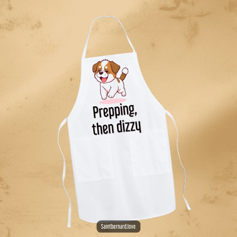 Funny Saint Bernard Puppy Apron: Adorable puppy chasing tail in a circle, fun and practical kitchen wear for dog lovers.