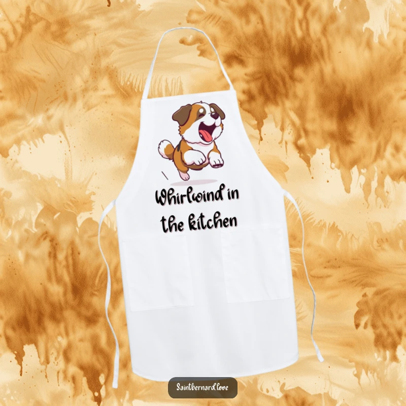 Funny Saint Bernard apron showing a large dog comically chasing its tail, perfect for adding humor to kitchen tasks.