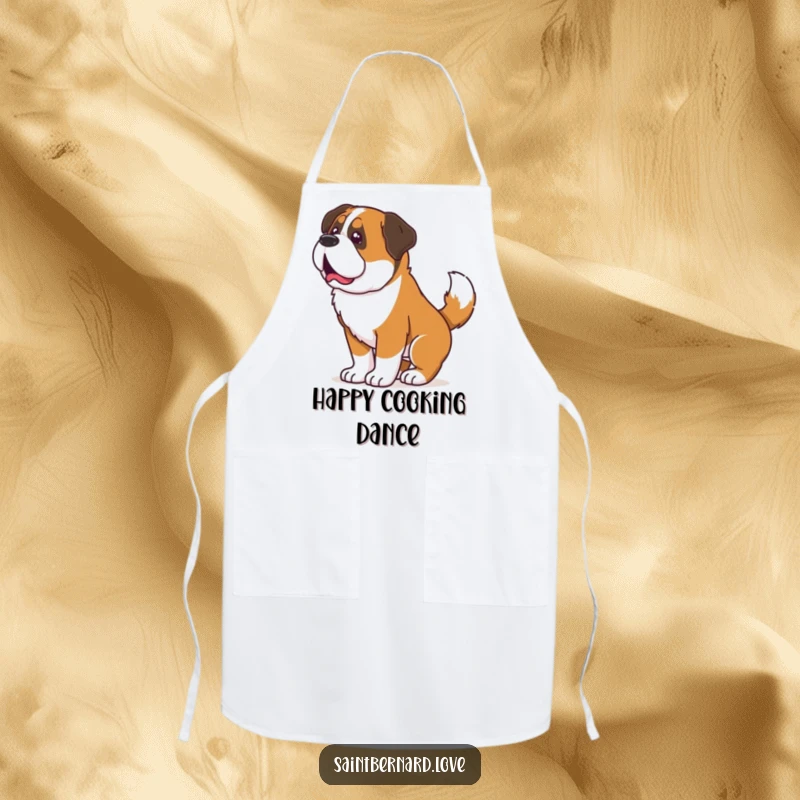 Funny Saint Bernard apron, a kitchen accessory showing a dog shaking its entire body from a wagging tail, adding humor to cooking.