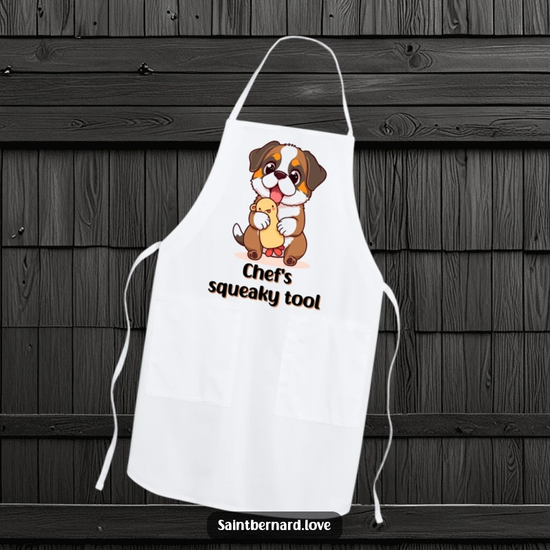 Funny Saint Bernard apron, a culinary accessory showing a dog with sparkling eyes, balancing a squeaky toy, adding humor to cooking.