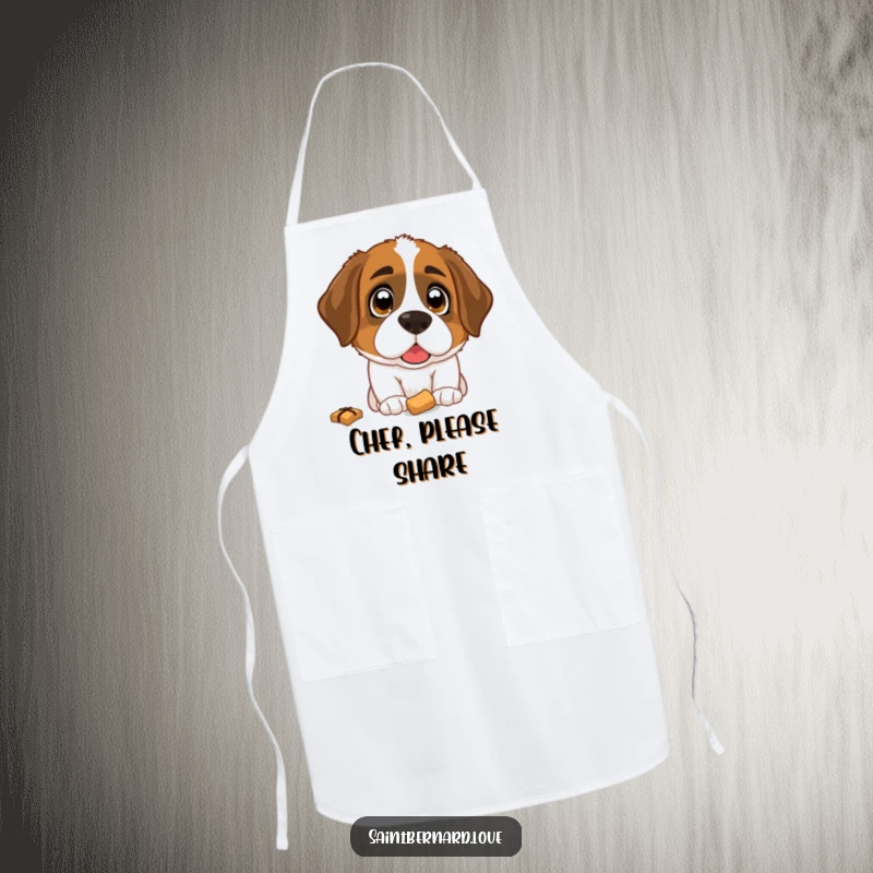 Funny Saint Bernard Apron: A kitchen apron featuring a Saint Bernard dog with wide, hopeful eyes looking up at a tempting dropped treat.