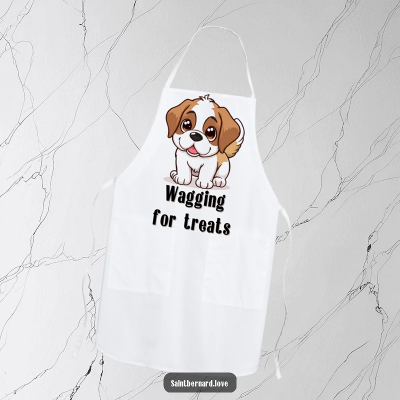 Funny Saint Bernard apron, a happy dog with large shining eyes wagging its tail, humorous kitchen accessory.