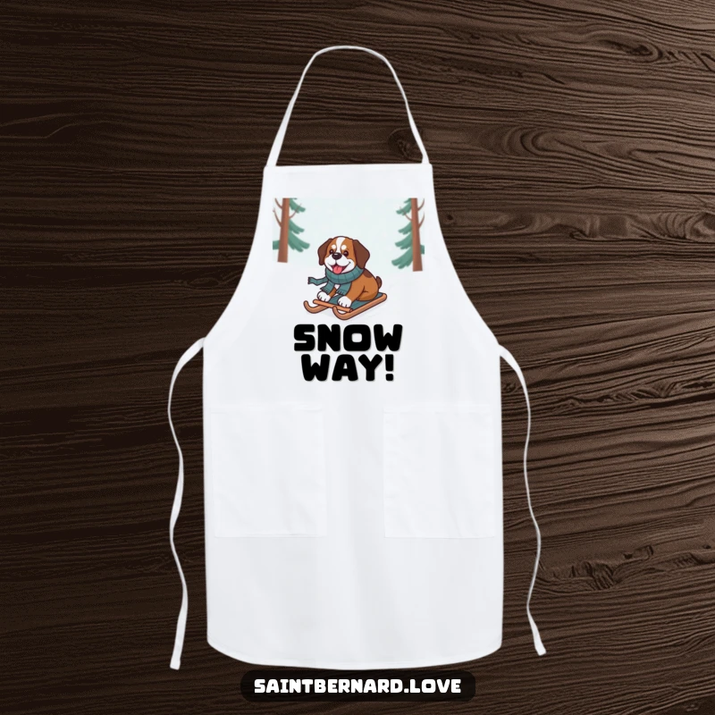 Funny Saint Bernard Apron, a dog in a scarf sledding down a hill, ideal for winter kitchen fun.