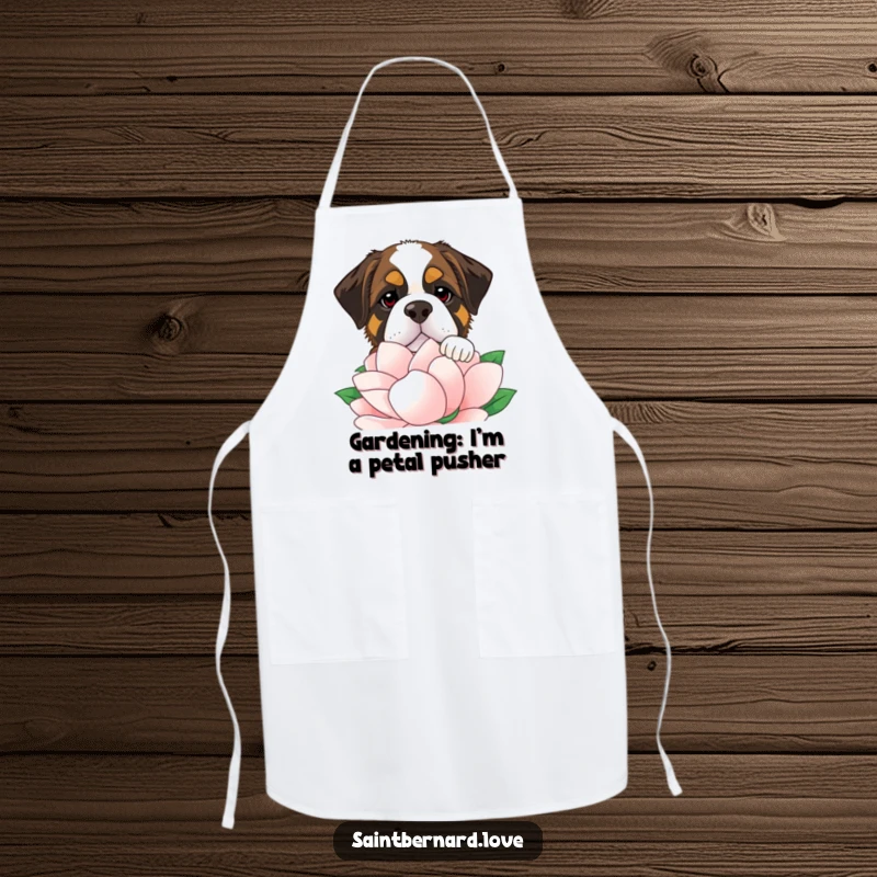 Funny Saint Bernard apron featuring a comical dog peeking over a vibrant flower, perfect for kitchen fun and dog lovers.