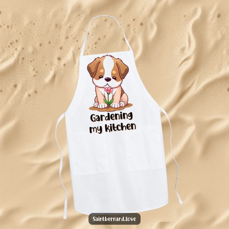 Funny apron showcasing a soft Saint Bernard character with a gentle expression, planting a tiny flower, ideal for gentle cooking.
