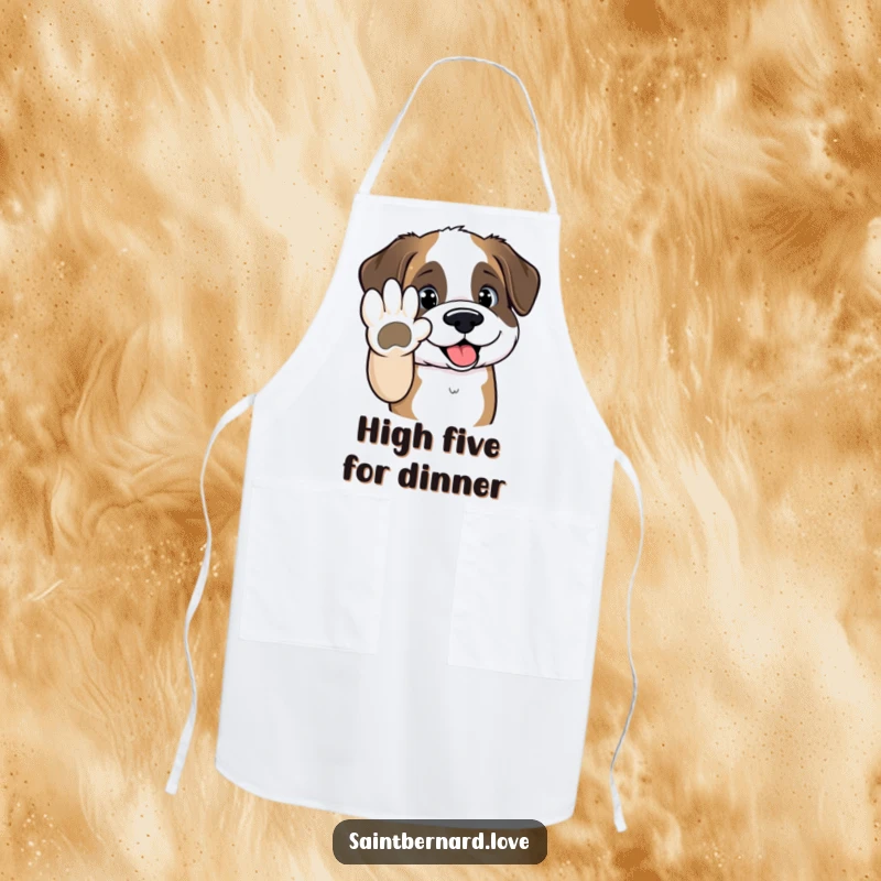 Funny Saint Bernard apron with a kawaii dog offering its paw for a high-five, ready to assist in the kitchen with enthusiasm.
