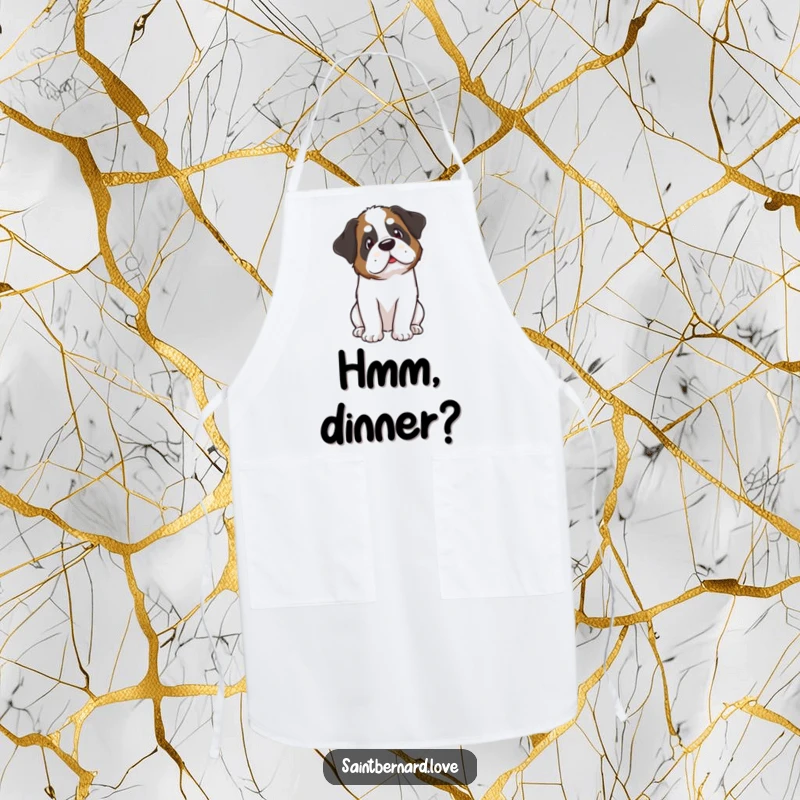 Funny Kawaii Saint Bernard Apron: A cute Saint Bernard is depicted tilting its head curiously, adding a funny, inquisitive touch to kitchen wear.