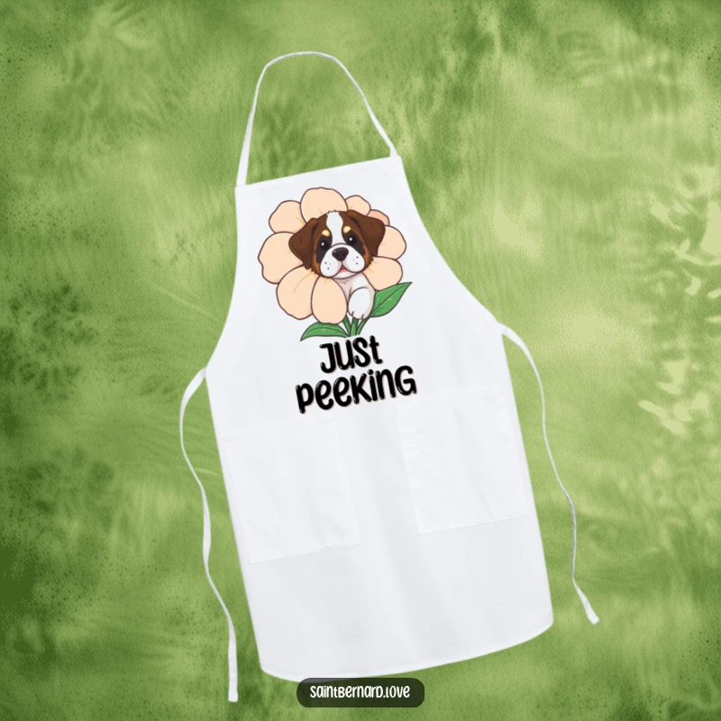Funny Saint Bernard Apron, a curious dog peeking from behind a large flower, ideal for kitchen fun.