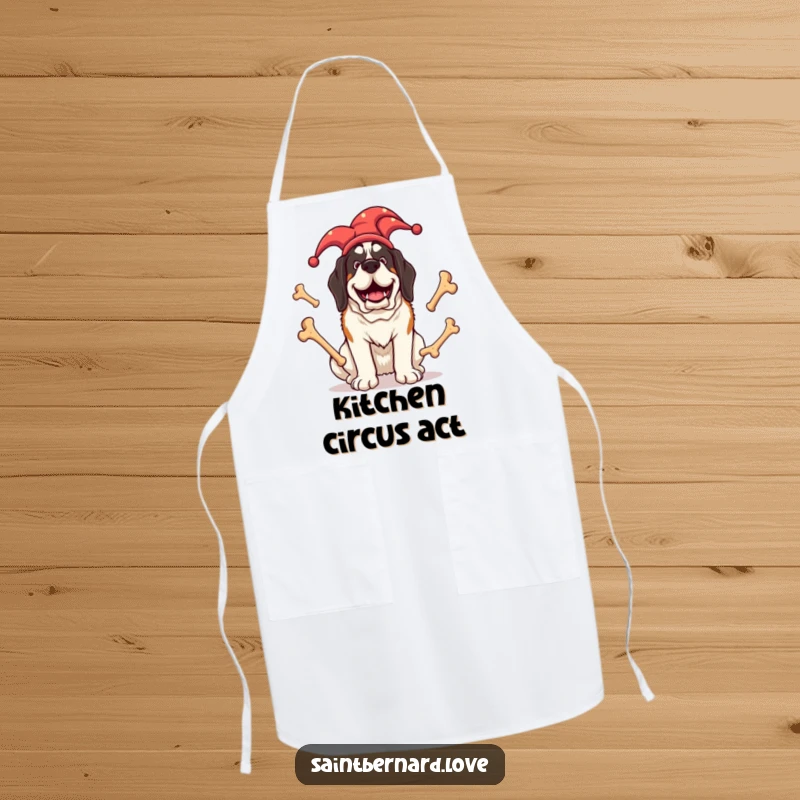 Funny Saint Bernard apron showing a giant dog in a jester hat, playfully juggling large bones, ideal for baking and cooking with a smile.