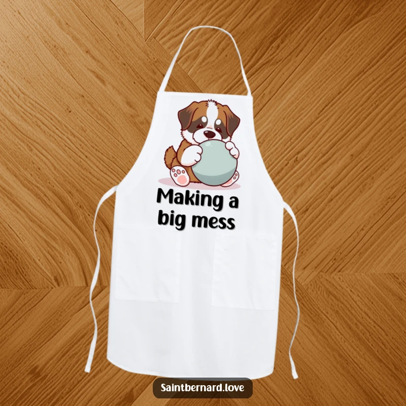 Funny Saint Bernard apron, kawaii dog with big paws playing large ball, playful humorous kitchen wear, durable, perfect funny gift for cooks.