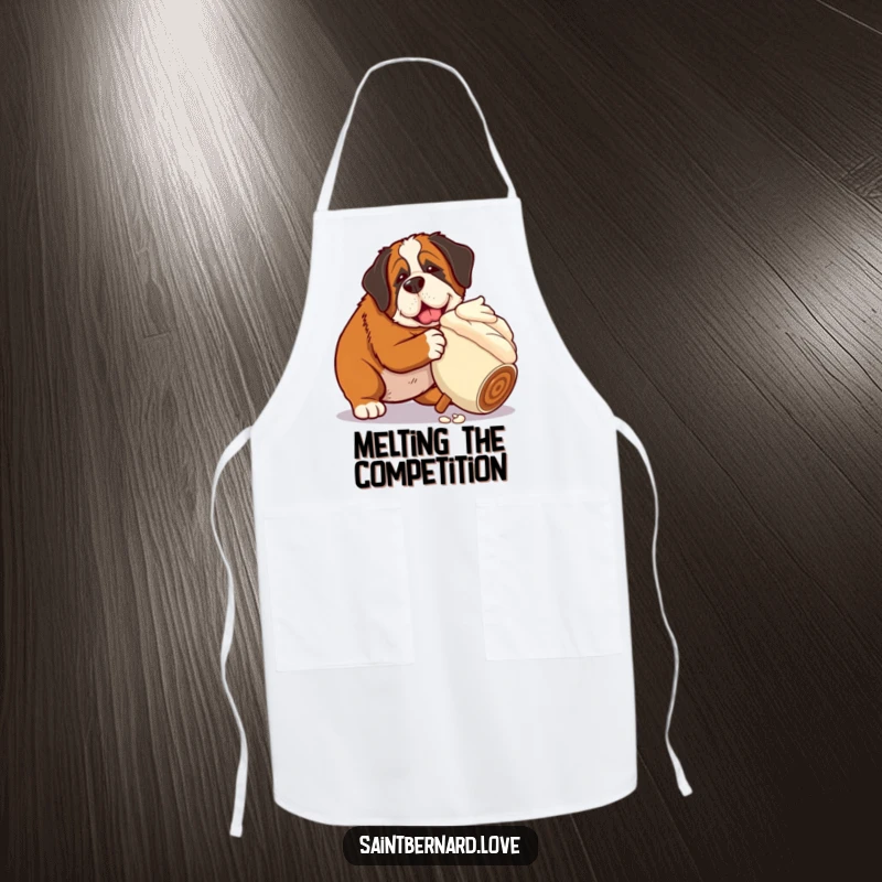Funny Saint Bernard apron showing a dog nudging a giant rolling ice cream cone, perfect for adding humor and dessert-themed fun to cooking.