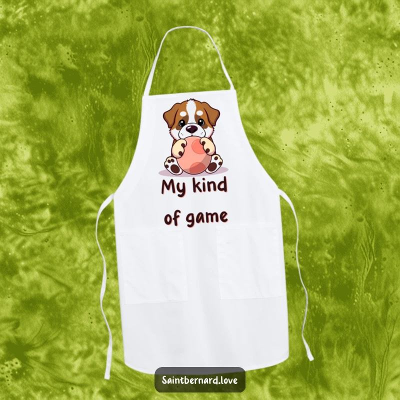 Funny Saint Bernard apron showing a Kawaii dog with oversized paws playing with a large ball, perfect for kitchen fun. A humorous cooking item.