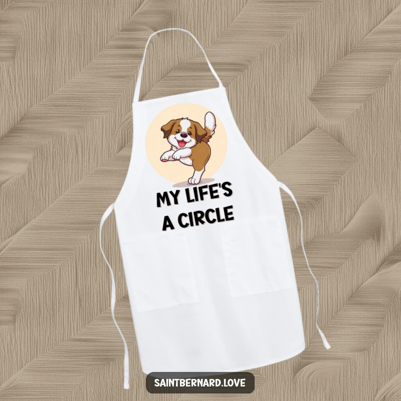 Funny apron showcasing a Saint Bernard pup joyfully chasing its tail in a circle, ideal for a playful cooking experience.