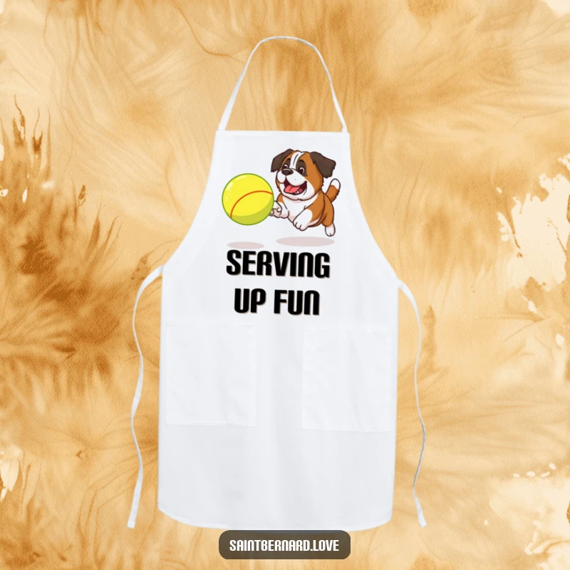 Funny Saint Bernard tennis ball apron showing a dog excitedly chasing a large ball, ideal for kitchen use.