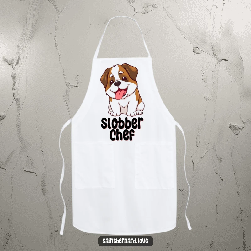 Funny Kawaii Saint Bernard Apron: A cute Saint Bernard is depicted grinning and slobbering playfully, adding a funny, dog-loving touch to kitchen wear.